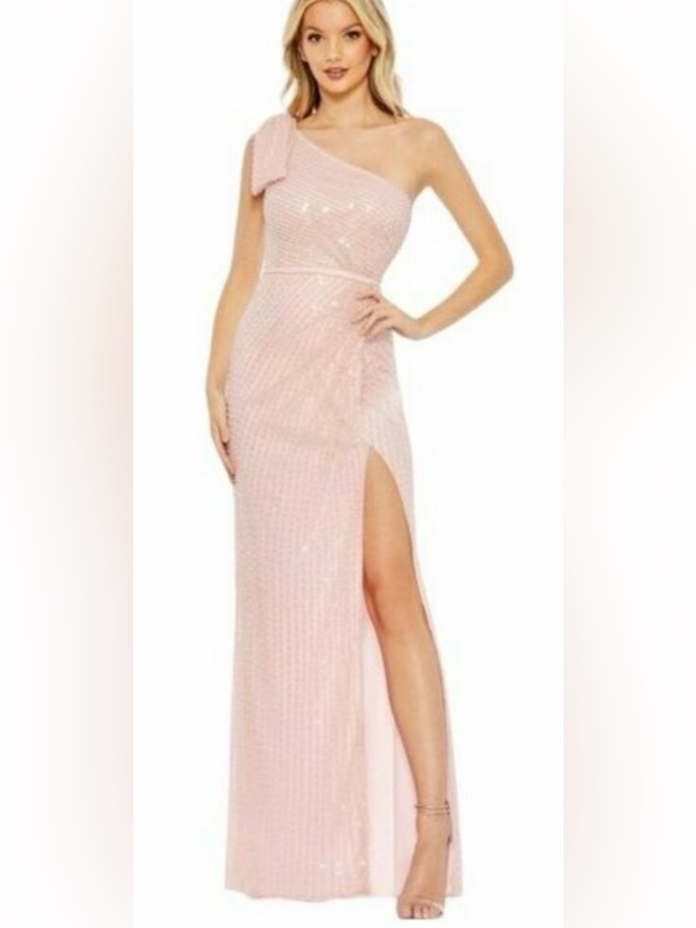 Mac Duggal Pearl Beaded Sequins Pink One Shoulder Formal Long Maxi Dress NWT